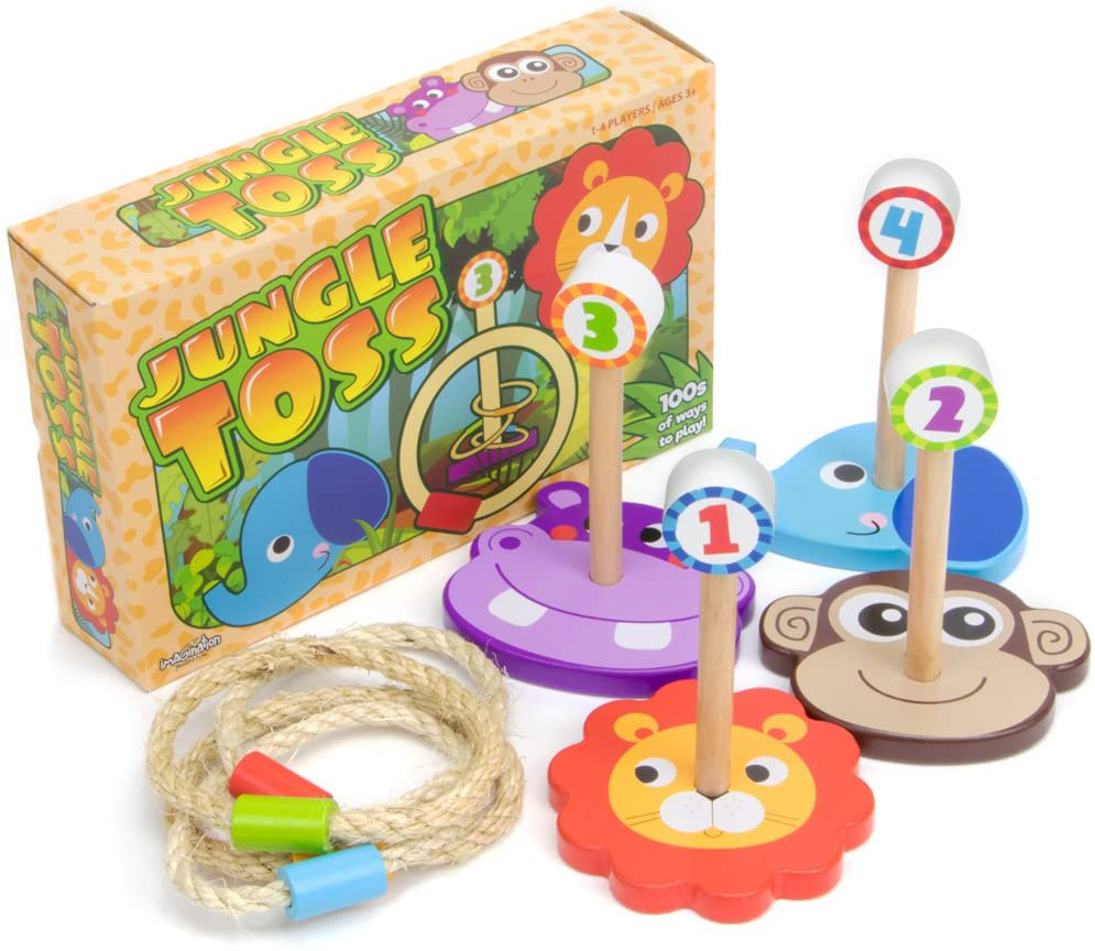 Skørter | Fantasy Generation Jungle Ring Toss Game, Indoor/Outdoor Family Fun with 4 Wooden Animal Targets