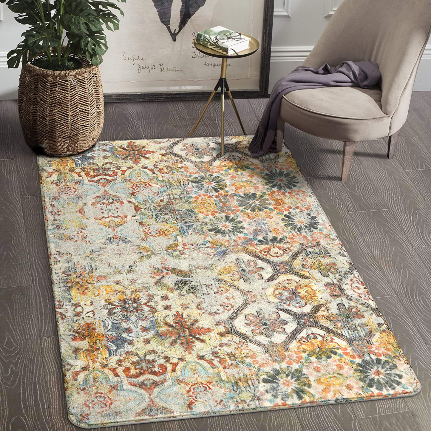 Skørter | Lahome Floral Medallion Collection Area Rug - 4’ X 6’ Non-Slip Worn Bohemian Vintage Traditional Area Rug Accent Throw Rugs Floor Rug for Living Room Bedroom Decor (4' x 6', Multicolored)