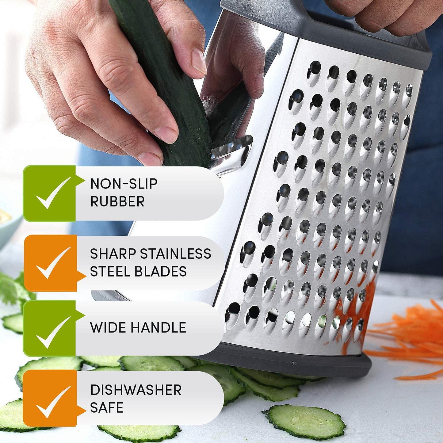 Skørter | Our Chef Professional Box Grater, Stainless Steel with 4 Sides, Best for Parmesan Cheese, Vegetables, Ginger, XL Size, Gray