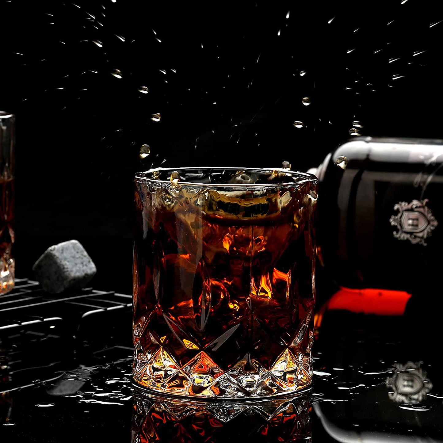 Skørter | Whisky Stones Gift Set - Whisky Glass Set with 2 - Granite Chilling Whisky Stones - Scotch Bourbon Whisky Glass Gift Box Set - Best Drink Gifts for Men Dad Man Birthday Party Holiday Gift
