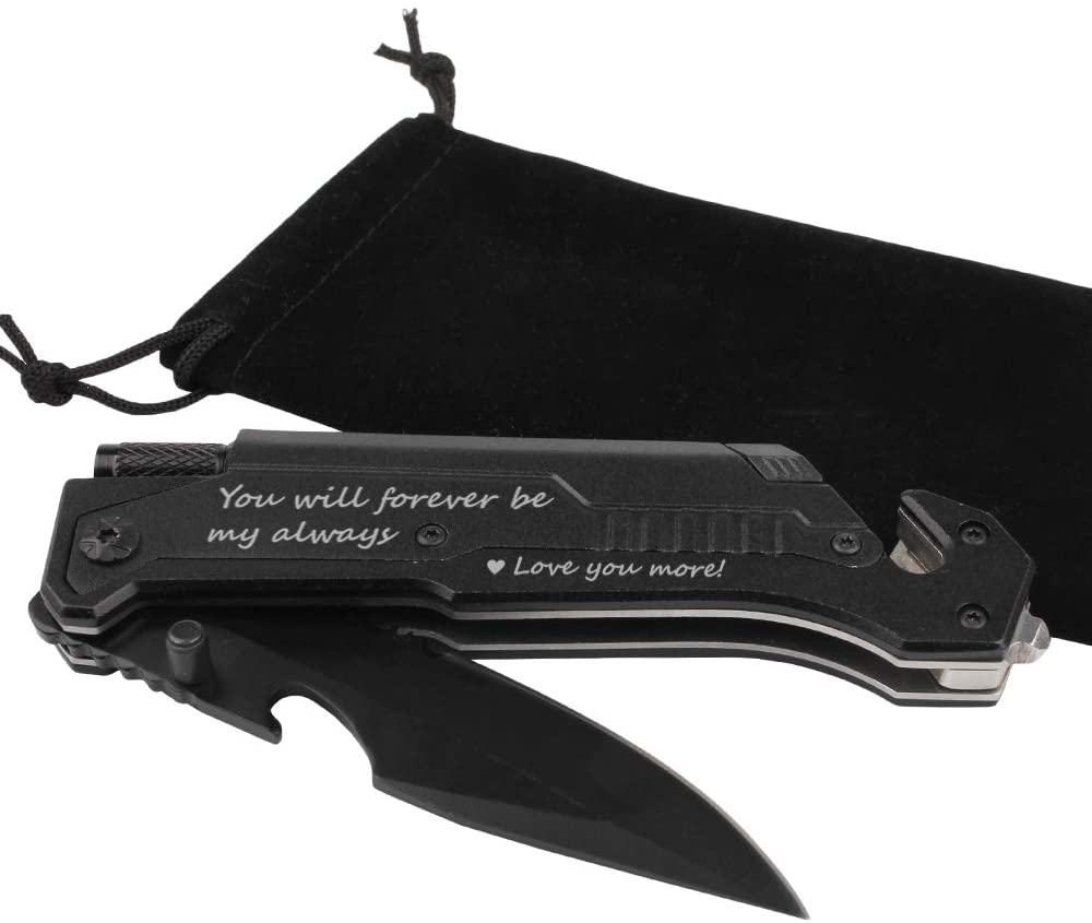 Skorter | Spouse birthday gift, pocket knife with 6 functions, LED light, fire starter, bottle opener, seat belt cutter, glass breaker, anniversary gift for men, boyfriend, Father's Day