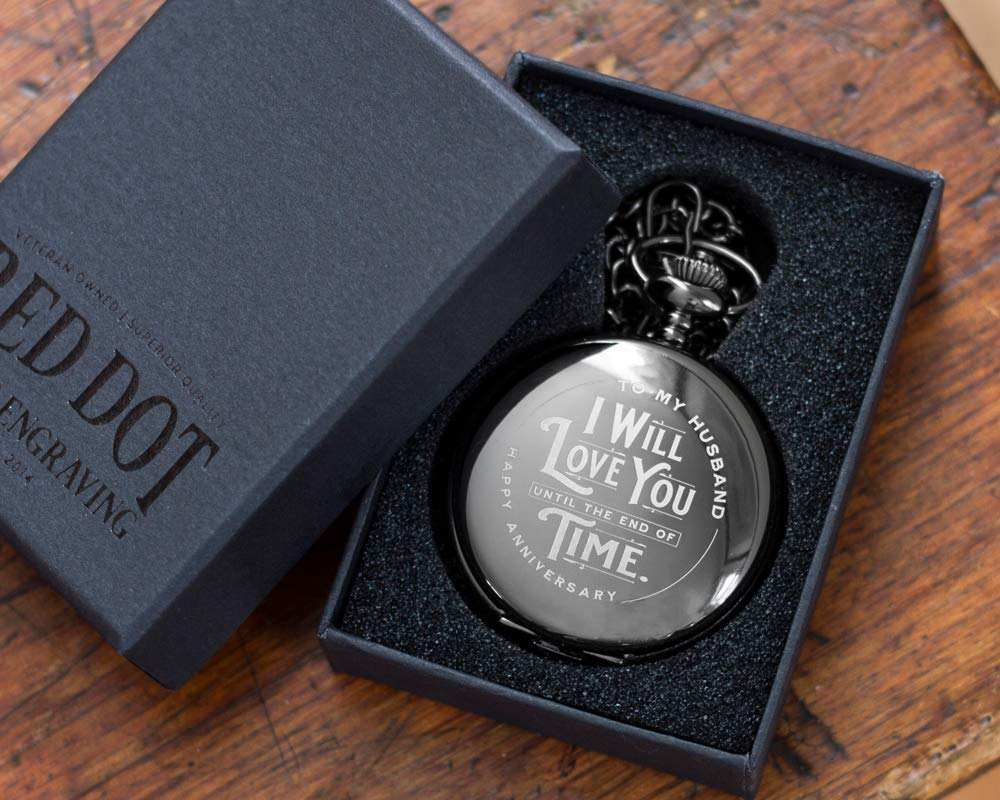 Skorter | Engraved Wedding Anniversary Pocket Watch with Chain for Husband, a Sleek Gift Set for Him with Elegant Gift Box, 1 Year Wedding Anniversary Clock
