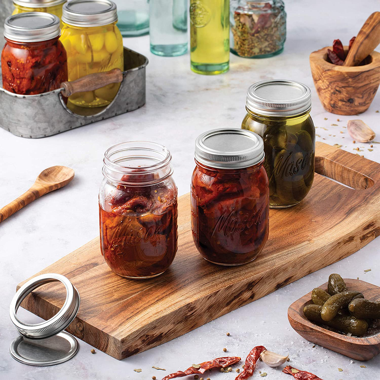 Skorter | Regular Mouth Glass Mason Jars, 16-Ounce Glass Canning Jars With Silver Metal Tight Lids And Bands With Measurement Marks, For Preserving, Storage, Meal Prep, Overnight Oats, Jam, Jelly, (10 Pack)