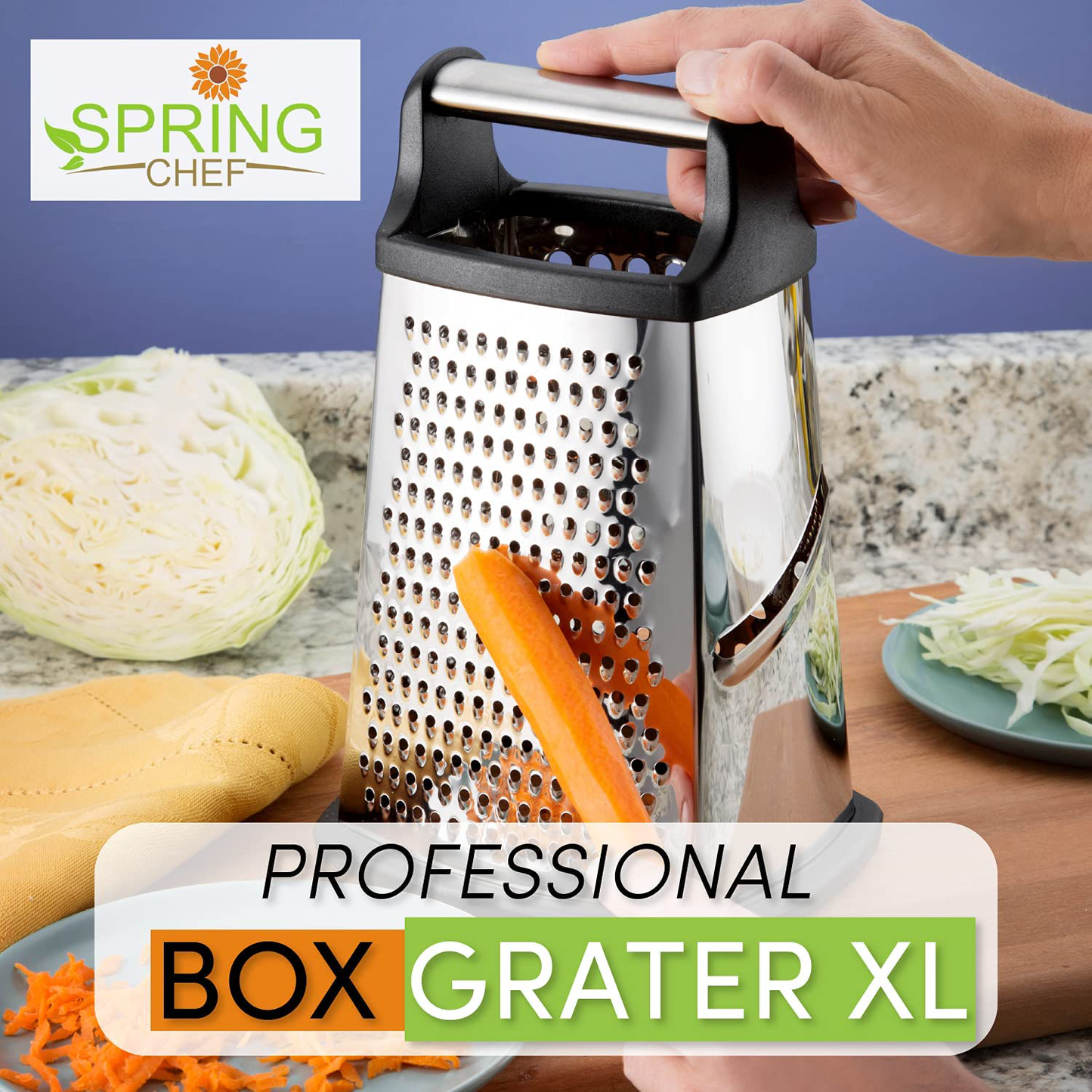 Skørter | Our Chef Professional Box Grater, Stainless Steel with 4 Sides, Best for Parmesan Cheese, Vegetables, Ginger, XL Size, Gray