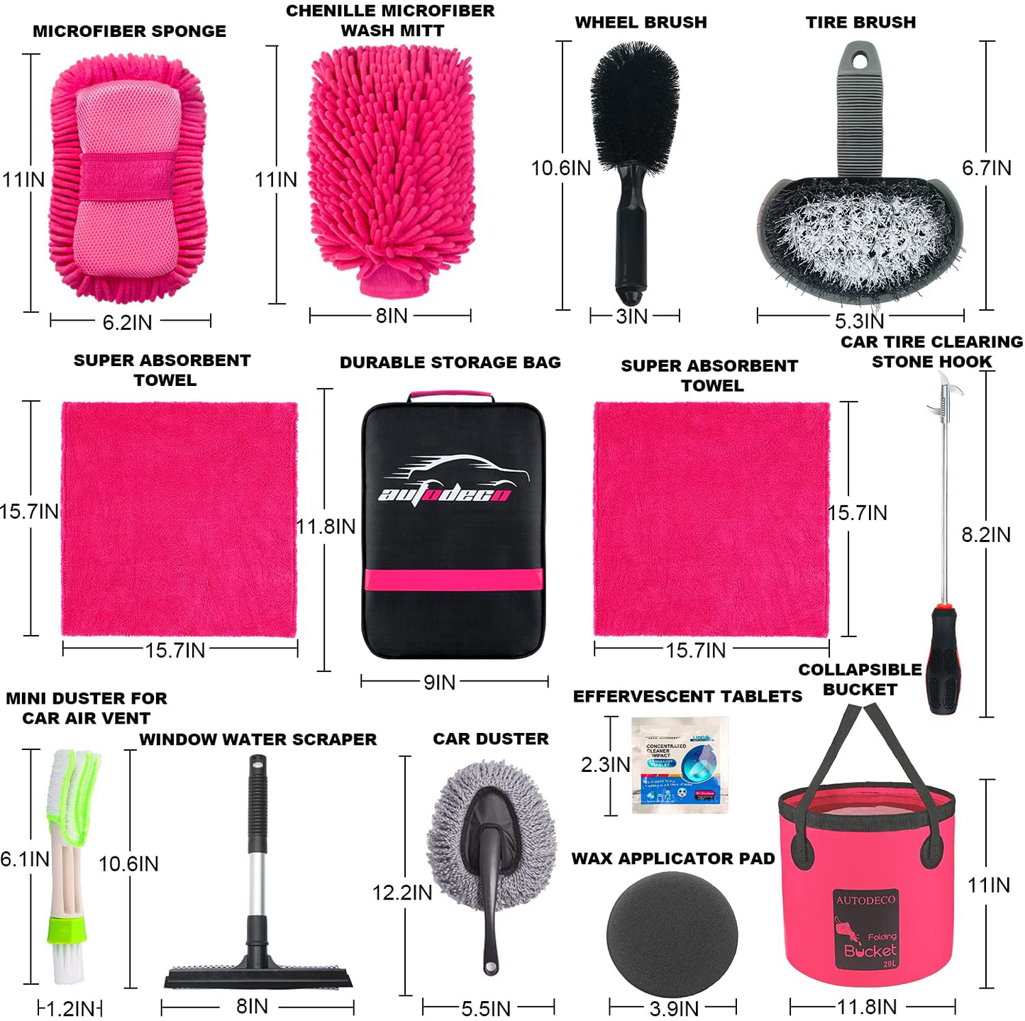 Skørter | AUTODECO 22Pcs Car Wash Cleaning Tool Set Car Detailing Set with Black Leather Bag Pink Collapsible Bucket Washing Mitt Sponge Towels Tire Brush Window Scraper Dust Brush Complete Interior Car Care Set