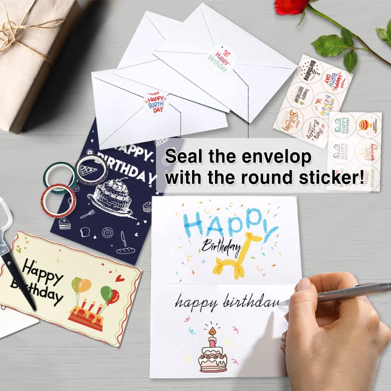Skørter | 80 Pack Assorted Birthday Cards with 80 Blank Envelopes, 84 Stickers & 3 Washi Tape Rolls