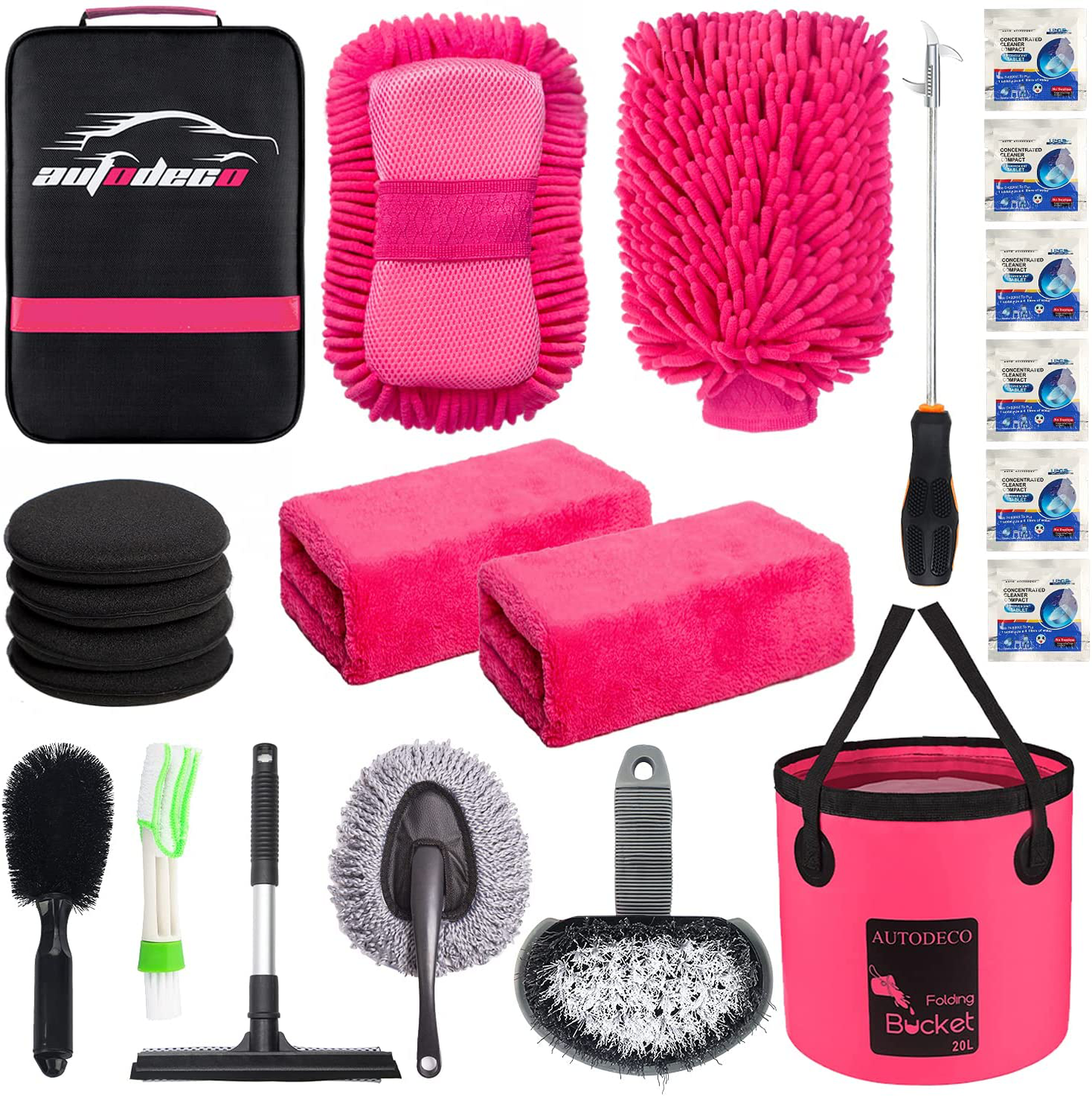 Skørter | AUTODECO 22Pcs Car Wash Cleaning Tool Set Car Detailing Set with Black Leather Bag Pink Collapsible Bucket Washing Mitt Sponge Towels Tire Brush Window Scraper Dust Brush Complete Interior Car Care Set