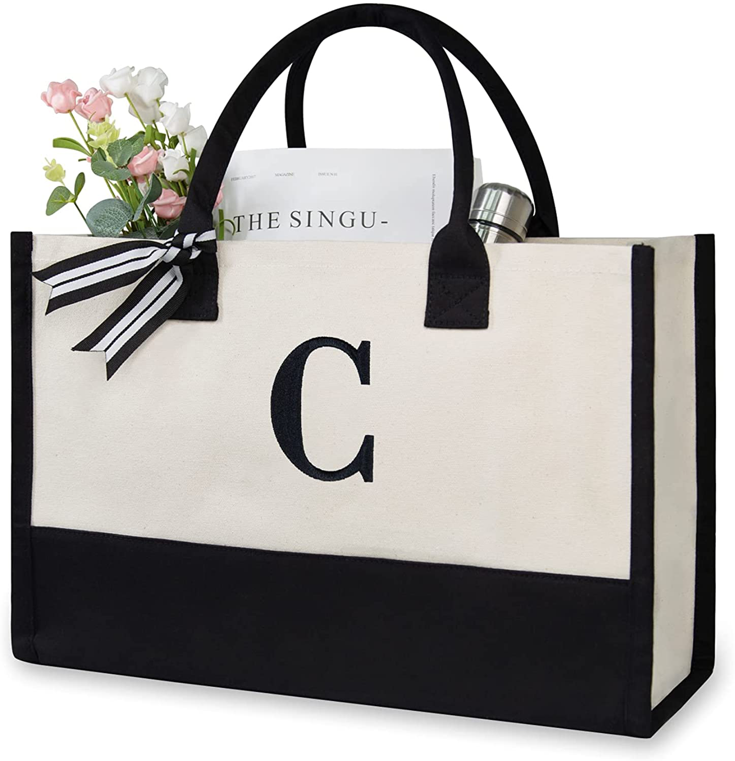 Skorter | Personal Initial Canvas Beach Bag, Monogram Gift Tote Bag for Women