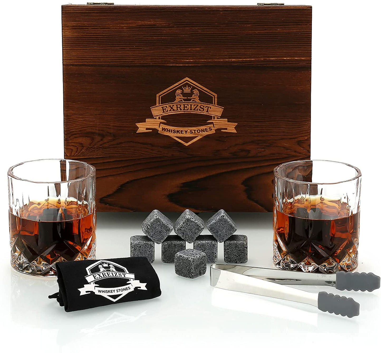 Skørter | Whisky Stones Gift Set - Whisky Glass Set with 2 - Granite Chilling Whisky Stones - Scotch Bourbon Whisky Glass Gift Box Set - Best Drink Gifts for Men Dad Man Birthday Party Holiday Gift