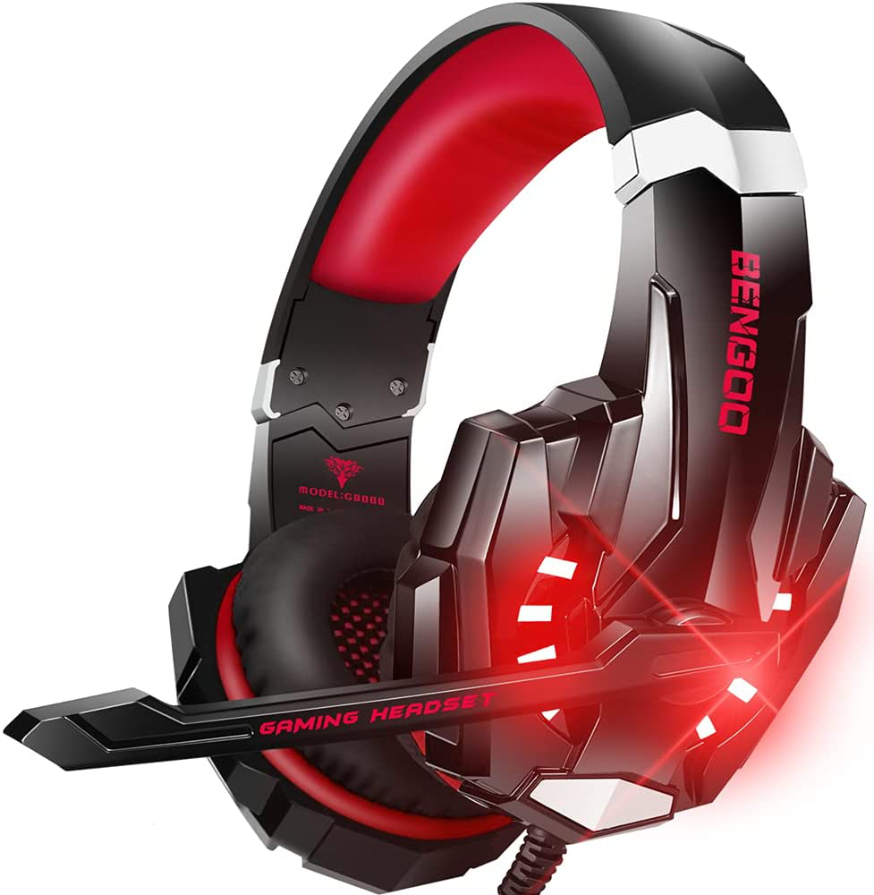 Skorter | Bengoo G9000 Stereo Gaming Headset For Ps4 Pc Xbox One Ps5 Controller, Noise-Canceling Over-Ear Headphones With Microphone, LED Lights, Bass Surround, Soft Memory Ear Cups For Laptop Mac Nintendo Nes Games