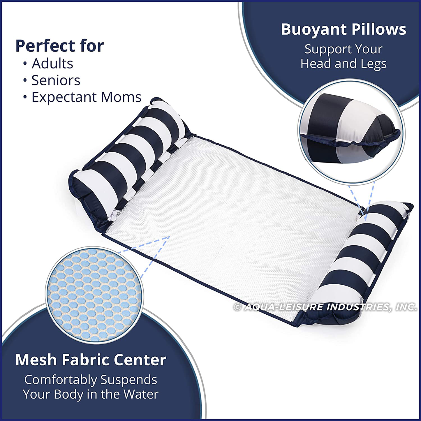 Skorter | Aqua Catalina XL Hammock, 4-in-1 Multi-Talking Inflatable 1-2 Person Swim Boat, Water Lounge, Navy Blue/White Stripe