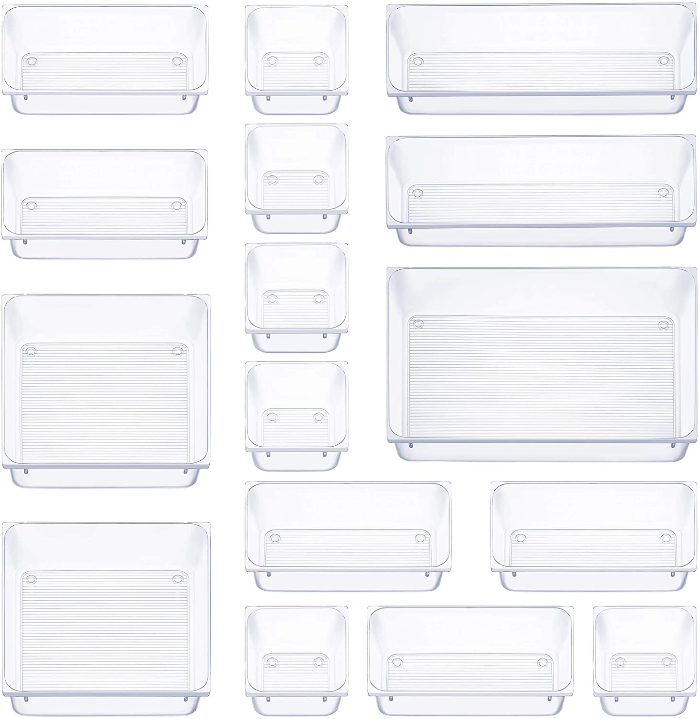 Skorter | 16 Pcs Drawer Organizer Set Dresser Desk Drawer Dividers - 5 Size Bathroom Mirror Cosmetic Makeup Tray - Multi-purpose Clear Plastic Storage Boxes for Jewelry, Kitchen Utensils and Office Supplies
