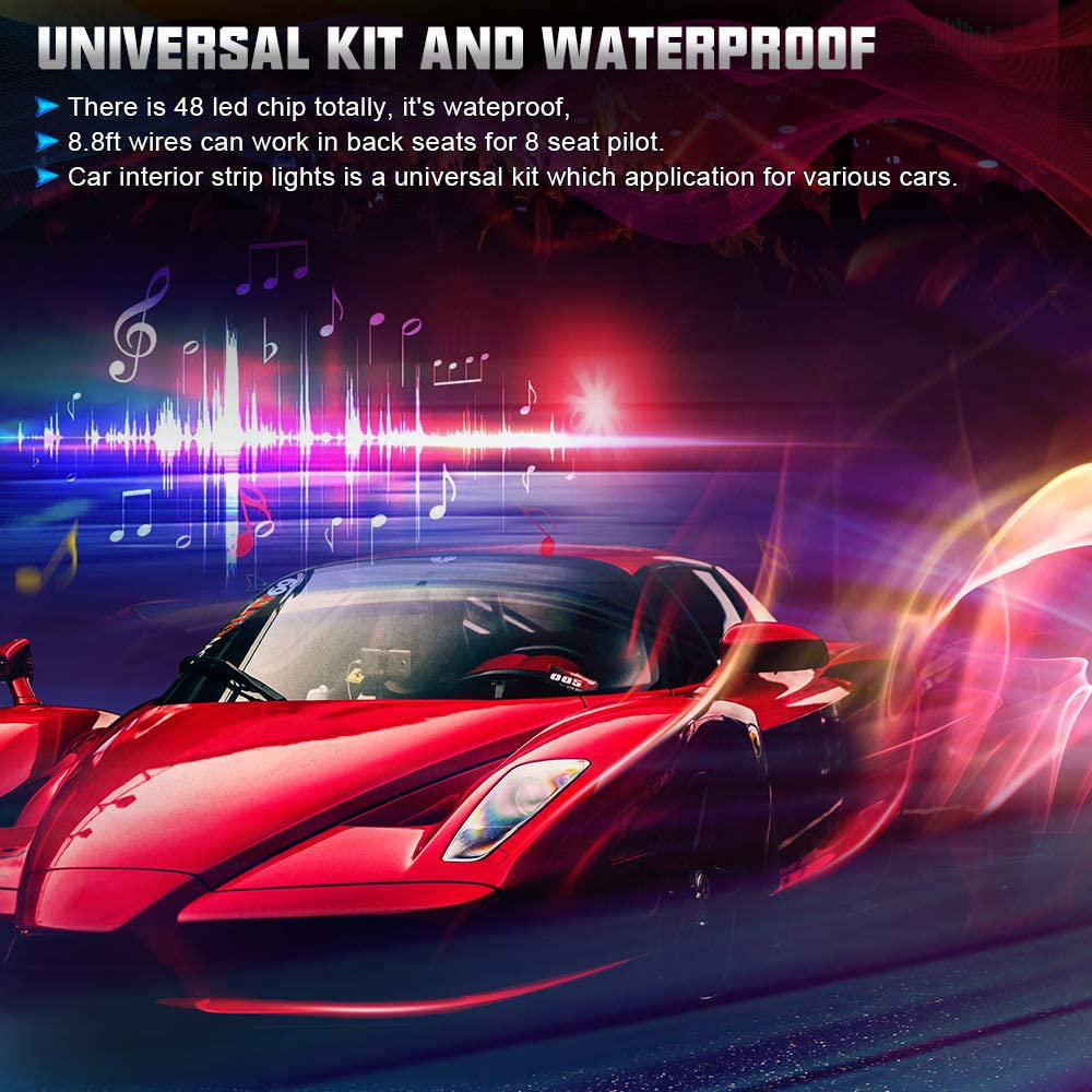 Skorter | SUNPIE Car Interior Lights, Car Strip Lights with App and Remote Control Waterproof LED Atmosphere Car Lights Comes with 48 LED Chips 2.7 m Length Indoor Lights with DC 12V Car Adapter Synchronize with Music