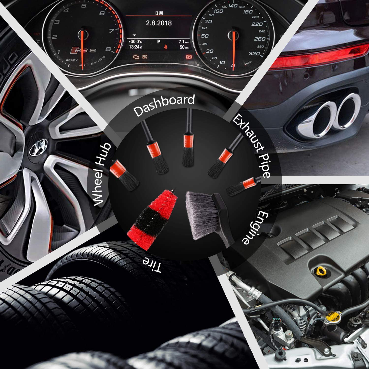 Skørter | SPTA 9Pcs Wheel and Tire Cleaning Set, Easily Accessible Wheel and Rim Brush, 5pcs Detailing Brushes, Short Handle Cleaning Brush, 1pc Microfiber Cleaning Cloth, Excellent for Cleaning Dirty Tires