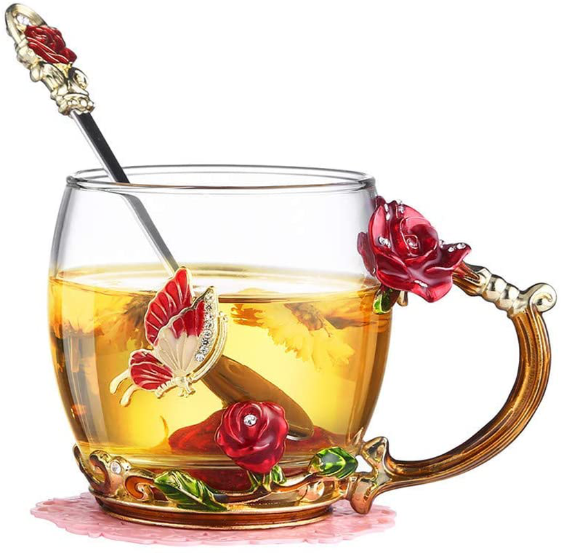Skorter | Luka Tech Enamel Butterfly Flower Lead-Free Glass Coffee Cup Tea Mug with Steel Spoon, Best Birthday Gifts For Woman Wife Mother Friends Mothers Valentine's Day Christmas (Purple-High)