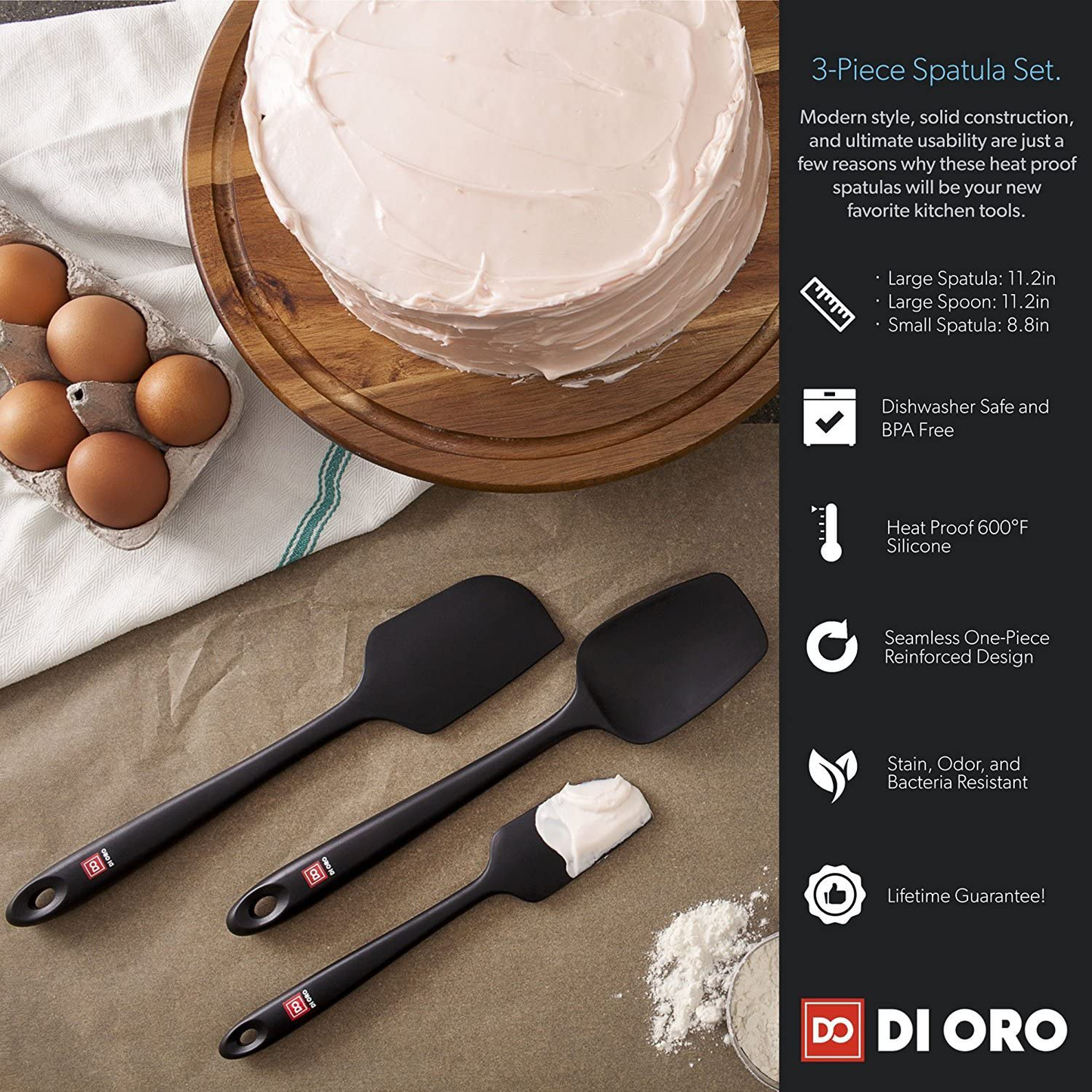 Skørter | DI ORO Seamless Series 3-Piece Silicone Spoon Set - 600°F Heat Resistant Non Stick Rubber Kitchen Spatula for Cooking, Baking, and Mixing – BPA Free and LFGB Certified Silicone (Black)