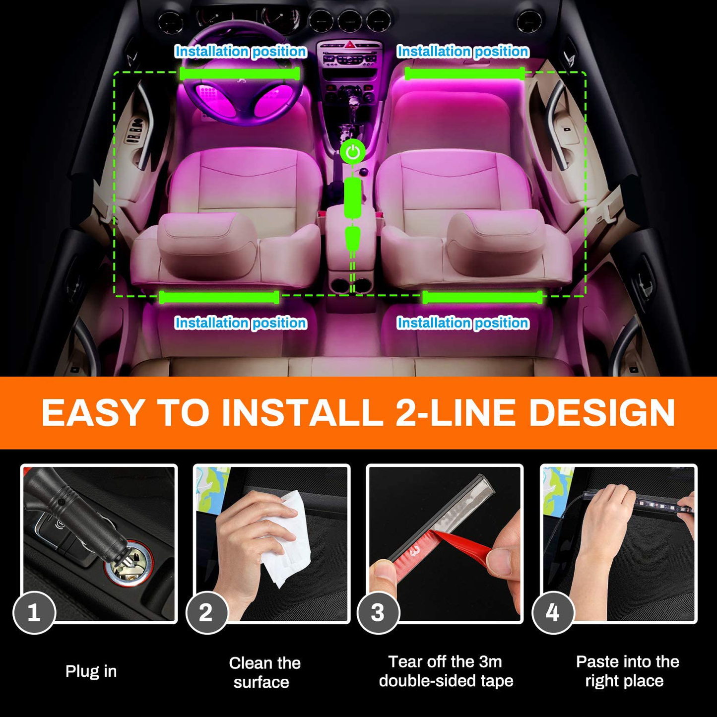 Skørter | Interior Billys, Upgrade 2-in-1 Design DC 12V Sound Activated 48 LED Car Strip Lights, Box Control, Remote Control and APP Control Lighting Set for All Vehicles, Mounting, Indoor/Outdoor