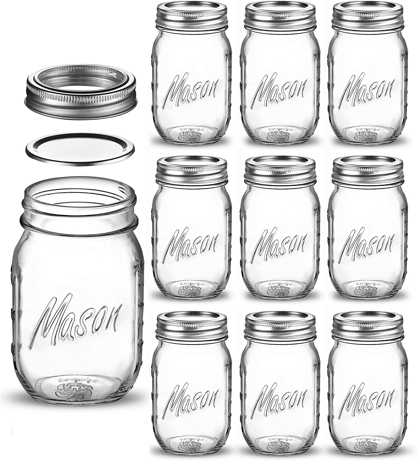 Skorter | Regular Mouth Glass Mason Jars, 16-Ounce Glass Canning Jars With Silver Metal Tight Lids And Bands With Measurement Marks, For Preserving, Storage, Meal Prep, Overnight Oats, Jam, Jelly, (10 Pack)