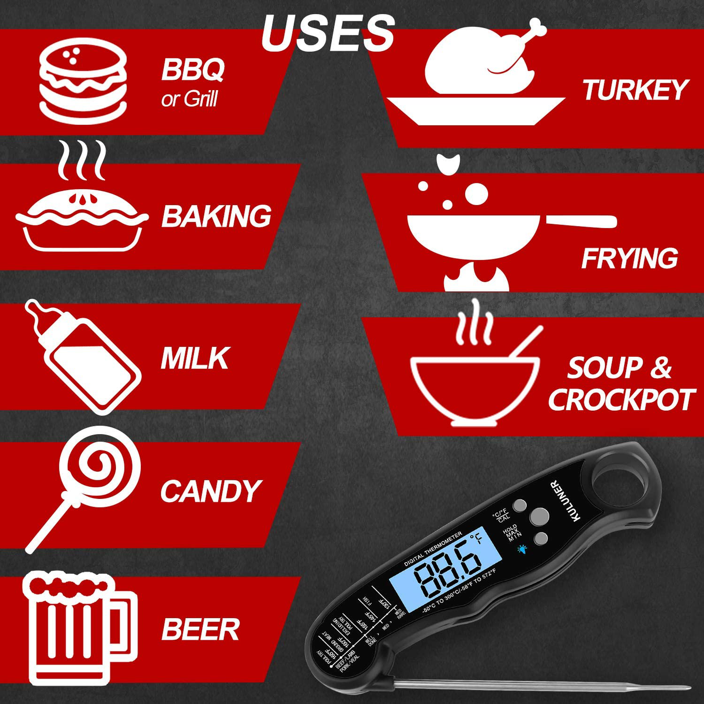 Skørter | KULUNER TP-01 Waterproof Digital Instant Read Meat Thermometer with 4.6” Foldable Probe Backlight & Calibration Function for Cooking Food Candy, BBQ Grill, Liquids, Beef (Black)