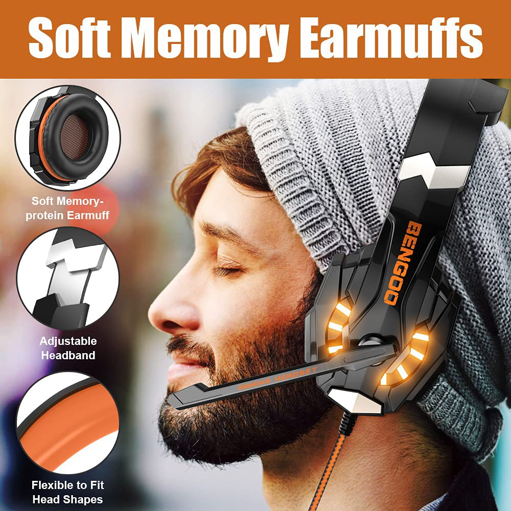 Skorter | Bengoo G9000 Stereo Gaming Headset For Ps4, Pc, Xbox One Controller, Noise-Canceling Over-Ear Headphones With Microphone, Led Lights, Bass Surround, Soft Memory Ear Pads (Orange)