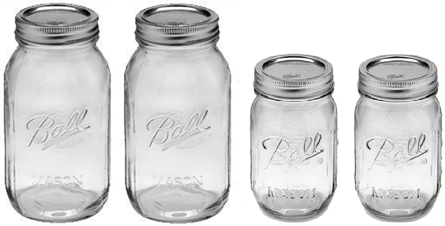 Skorter | Ball Mason Regular Mouth Jar With Lids And Bands, Set Of 4 Jars, Two 32oz Jars + Two 16oz Jars (Packaged Bundled)