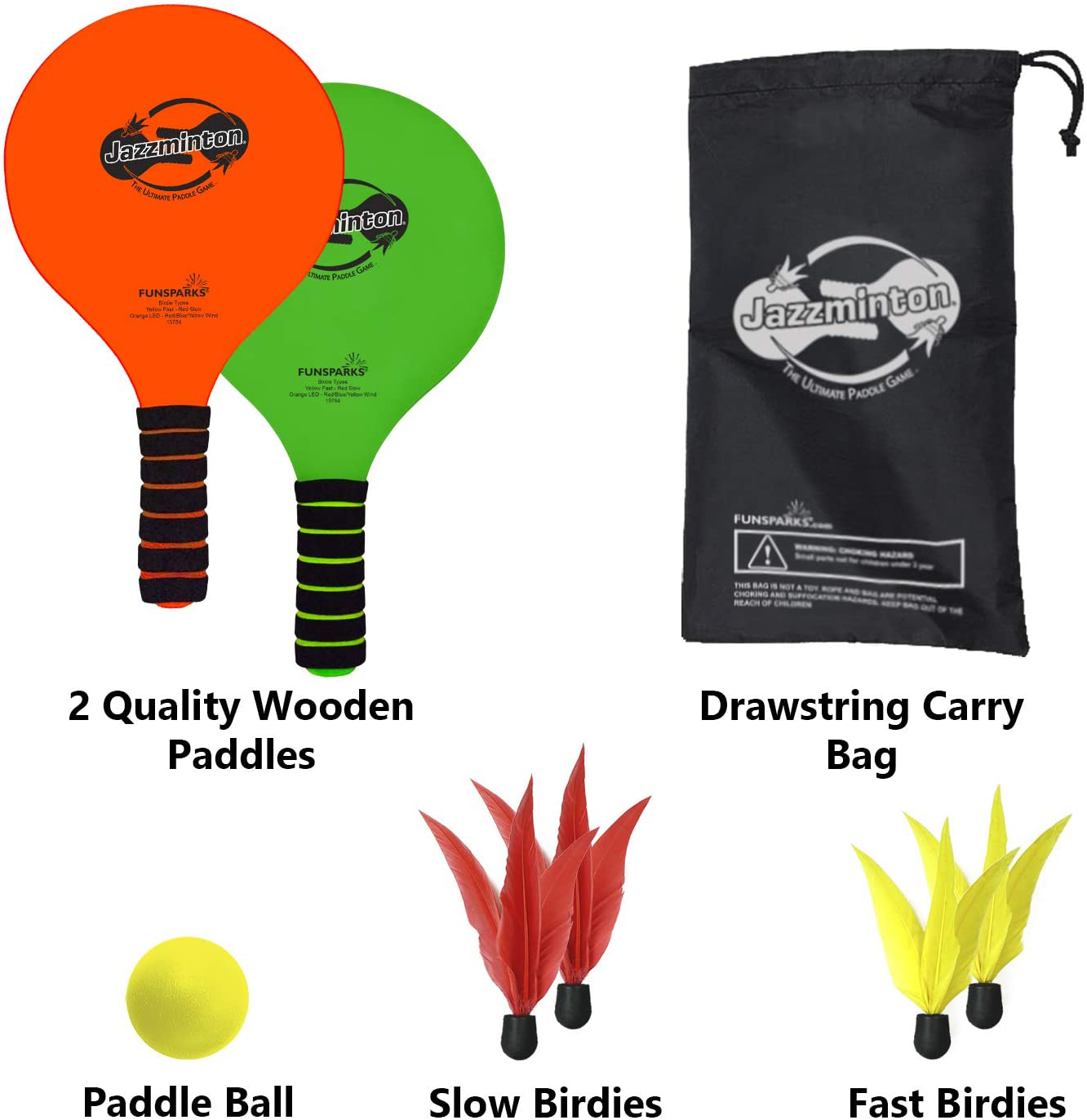 Skørter | Jazzminton Paddle Ball Game with Carrying Case - Indoor Outdoor Toy - Play on the Beach, Lawn or Backyard - 2 Wooden Rackets - 4 Shuttlecocks - 1 Ball