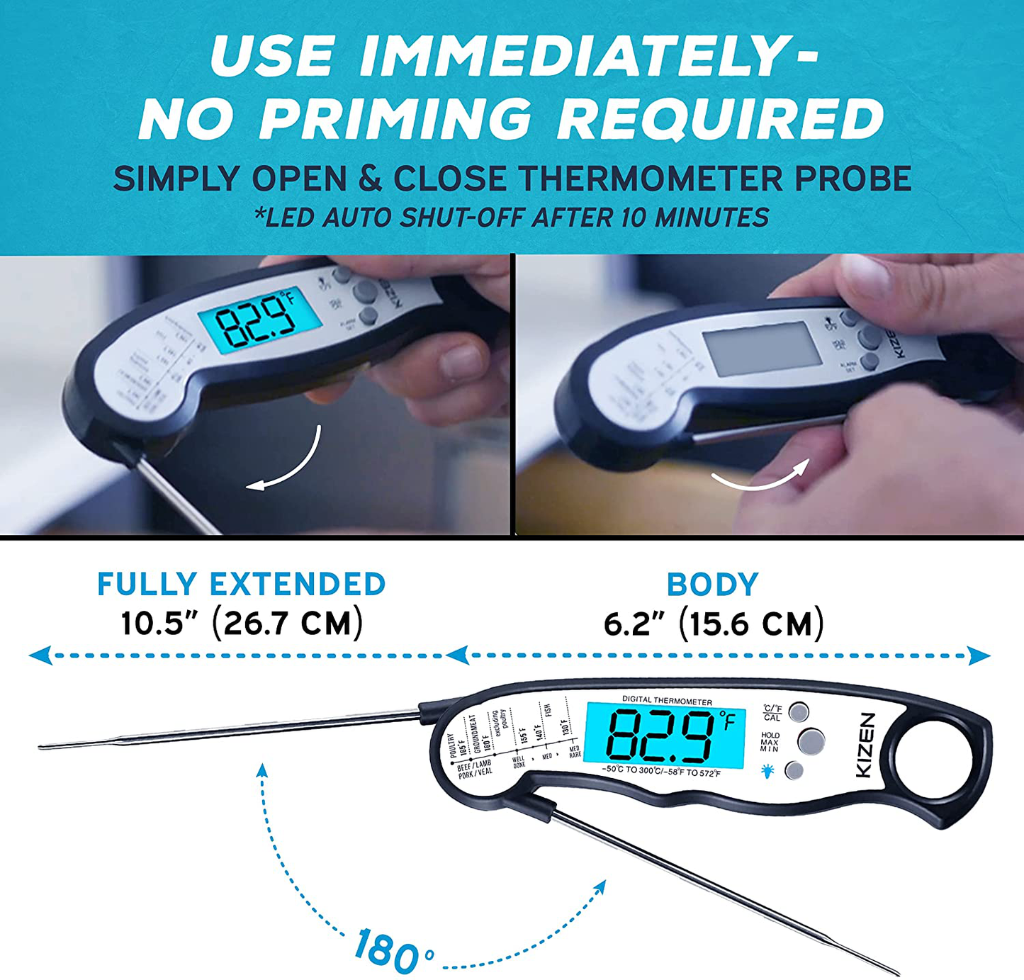 Skørter | Kizen Digital Meat Thermometers for Cooking - Waterproof Instant Read Meat Thermometer for Meat, Frying, Baking, Outdoor Cooking, Grilling, & BBQ (Black/White)