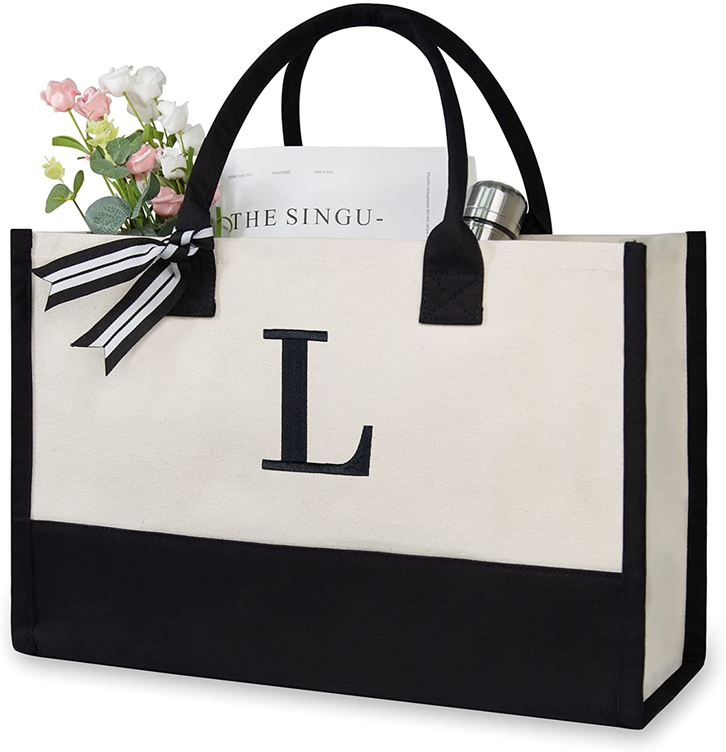 Skorter | Personal Initial Canvas Beach Bag, Monogram Gift Tote Bag for Women