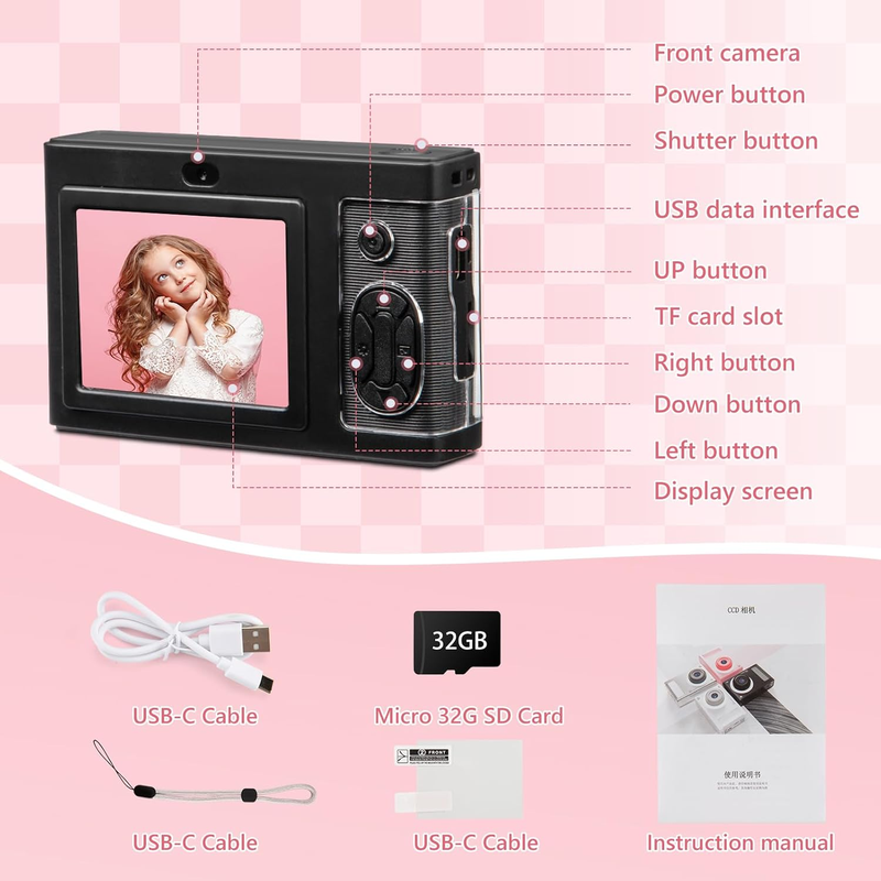 Skorter | 1080P Kids Camera with 32GB Card, 48MP 8X Zoom Digital Point-and-Shoot Camera