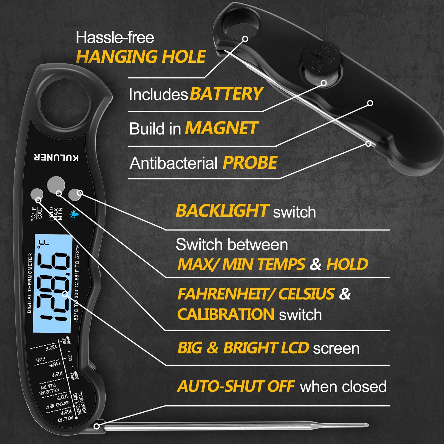 Skørter | KULUNER TP-01 Waterproof Digital Instant Read Meat Thermometer with 4.6” Foldable Probe Backlight & Calibration Function for Cooking Food Candy, BBQ Grill, Liquids, Beef (Black)