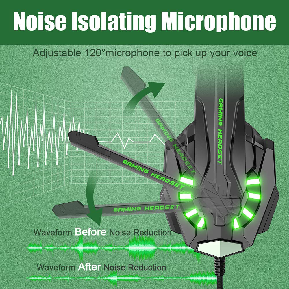 Skorter | Bengoo G9000 Stereo Gaming Headset For Ps4 Pc Xbox One Ps5 Controller, Noise-Canceling Over-Ear Headphones With Microphone, LED Light, Bass Surround, Soft Memory Ear Cushions For Laptop Mac - Green