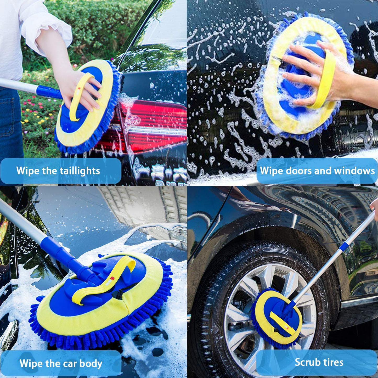 Skørter | 2 in 1 Microfiber Car Wash Mop Glove with 45" Aluminum Alloy Long Handle, Chenille Car Cleaning Kit Brush Duster with Scratch-Free for Washing Car/Truck/RV, 2 Mop Heads and 1 Towel and Air Vent Duster