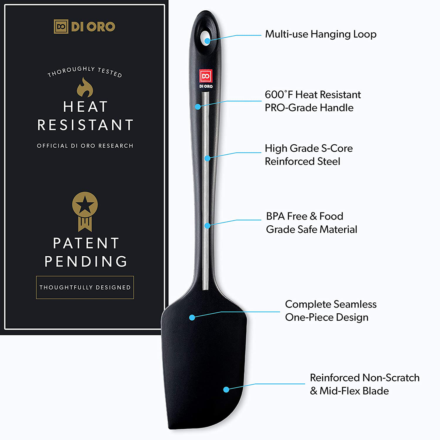Skørter | DI ORO Seamless Series 3-Piece Silicone Spoon Set - 600°F Heat Resistant Non Stick Rubber Kitchen Spatula for Cooking, Baking, and Mixing – BPA Free and LFGB Certified Silicone (Black)