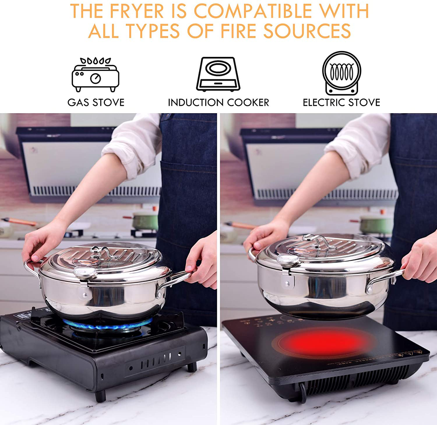 Skørter | cuomaop, deep fryer pot, 304 stainless steel with temperature control and lid Japanese style tempura fryer Uncoated fryer diameter: 9.4"