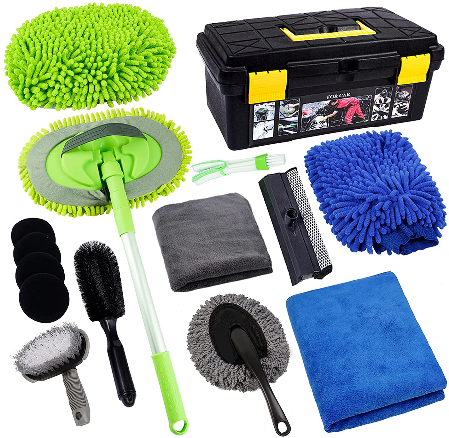 Skørter | FORCAR 15pcs Car Cleaning Set, Car Wash Brush with 43" Long Handle, Chenille Microfiber Mitt, Extendable Long Rod Water Scraper for Interior and Exterior Car Detailing Set
