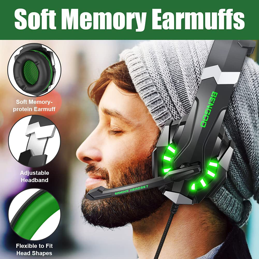 Skorter | Bengoo G9000 Stereo Gaming Headset For Ps4 Pc Xbox One Ps5 Controller, Noise-Canceling Over-Ear Headphones With Microphone, LED Light, Bass Surround, Soft Memory Ear Cushions For Laptop Mac - Green