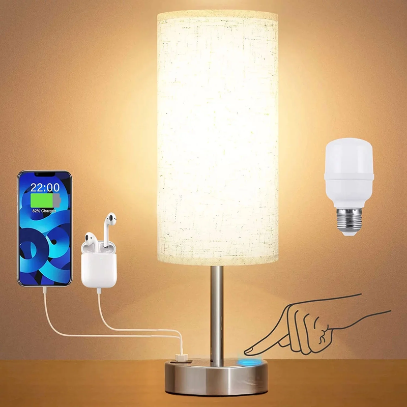 Skørter | 3 Ways Dimmable Touch Lamp, USB C&A Fast Charging Ports