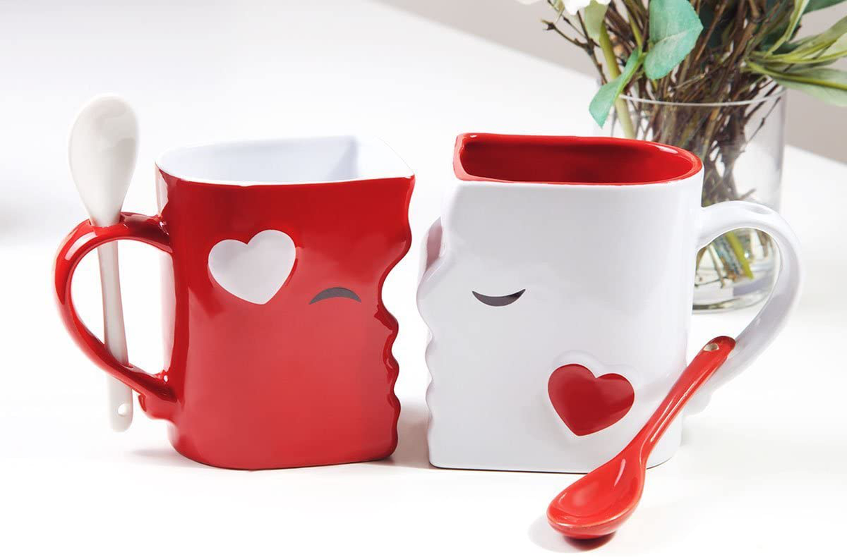 Skørter | Kiss Mug Set, Anniversary & Wedding Gifts, Exquisitely Made Two Large Cups & Spoons for Couples, For Him and Her on Valentines, Birthday, Engagement of Blu Devil