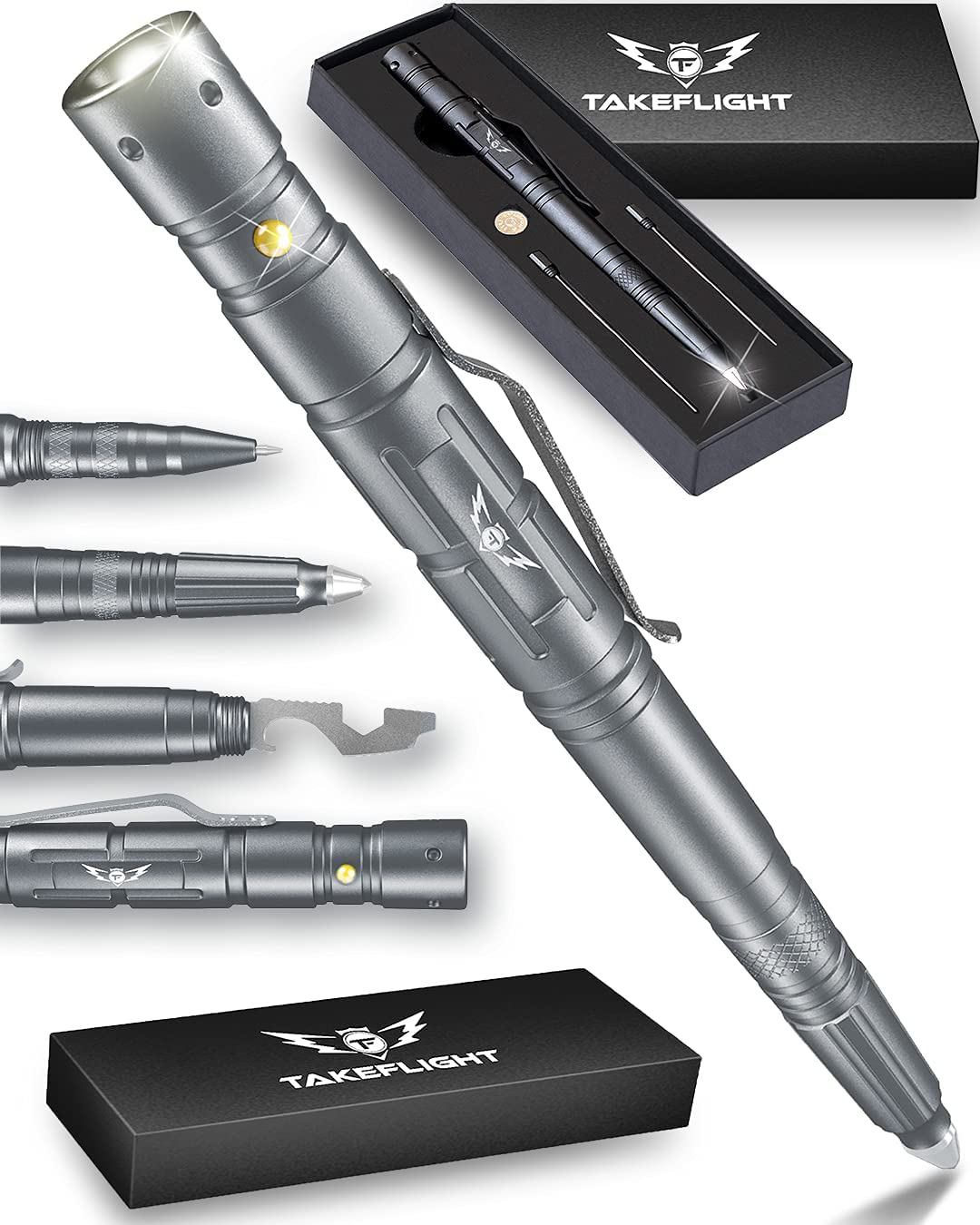 Skørter | TAKEFLIGHT Tactical Pen Survival Gear – Aviation Grade Aluminum LED Tactical Flashlight Multitool – Sturdy, Lightweight EDC Pen Survival Tool – Glass Breaker, Corkscrew, Screwdriver, Gift Box