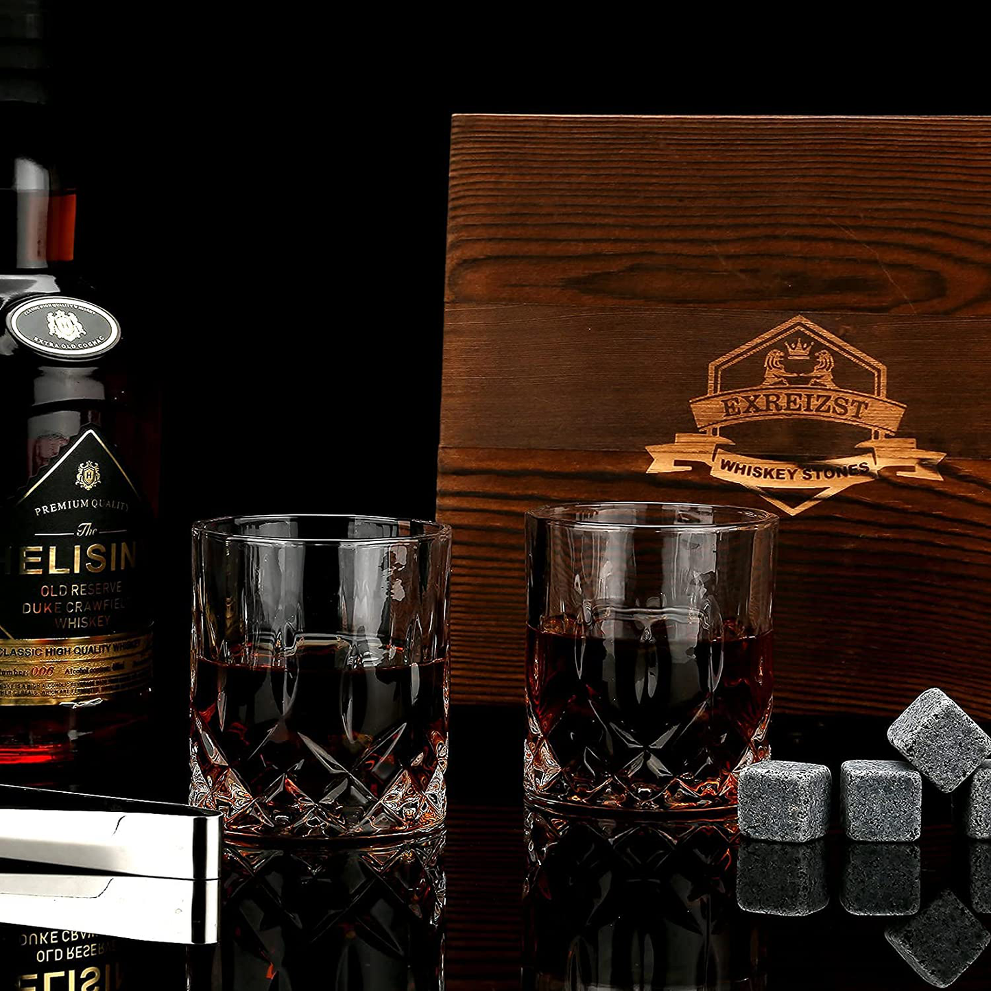 Skørter | Whisky Stones Gift Set - Whisky Glass Set with 2 - Granite Chilling Whisky Stones - Scotch Bourbon Whisky Glass Gift Box Set - Best Drink Gifts for Men Dad Man Birthday Party Holiday Gift