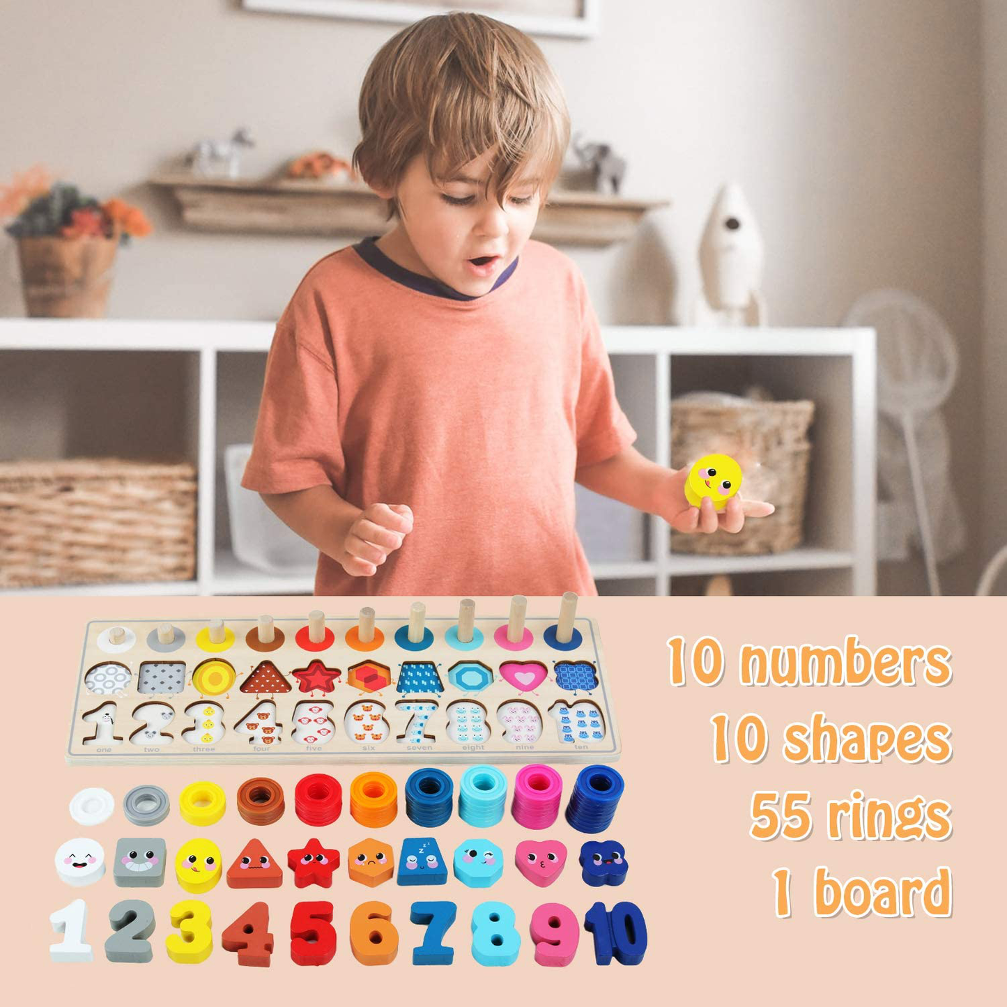 Skørter | QZMTOY Counting Shape Stacker Wooden Counting Sorting Stack Tower with Wooden Colorful Number Shape Mathematical Blocks for Kids Kindergarten Educational Toys