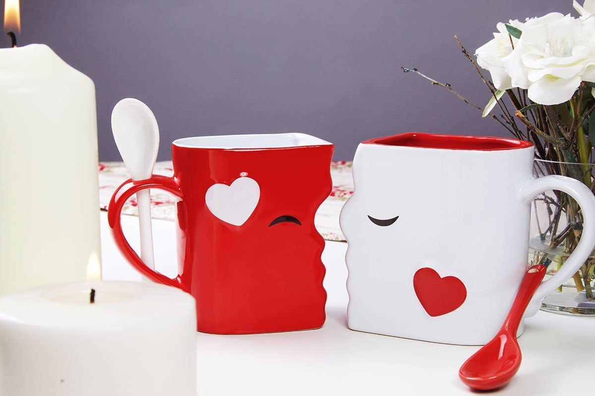 Skørter | Kiss Mug Set, Anniversary & Wedding Gifts, Exquisitely Made Two Large Cups & Spoons for Couples, For Him and Her on Valentines, Birthday, Engagement of Blu Devil