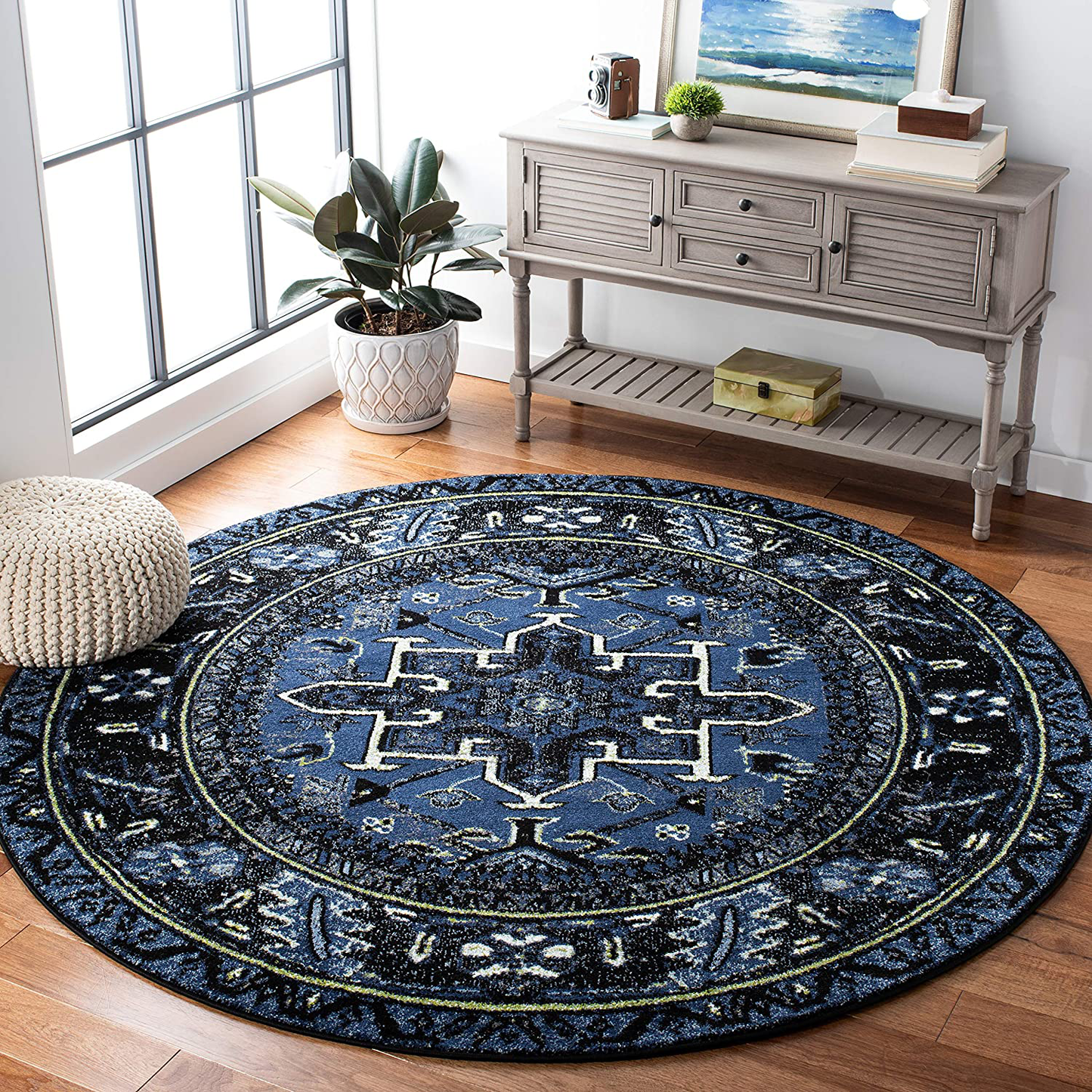 Skørter | Safavieh Vintage Hamadan Collection VTH211N Oriental Traditional Persian Non-Shedding Stain Resistant Living Room Bedroom Area Rug 3' x 3' Round Light Blue/Black