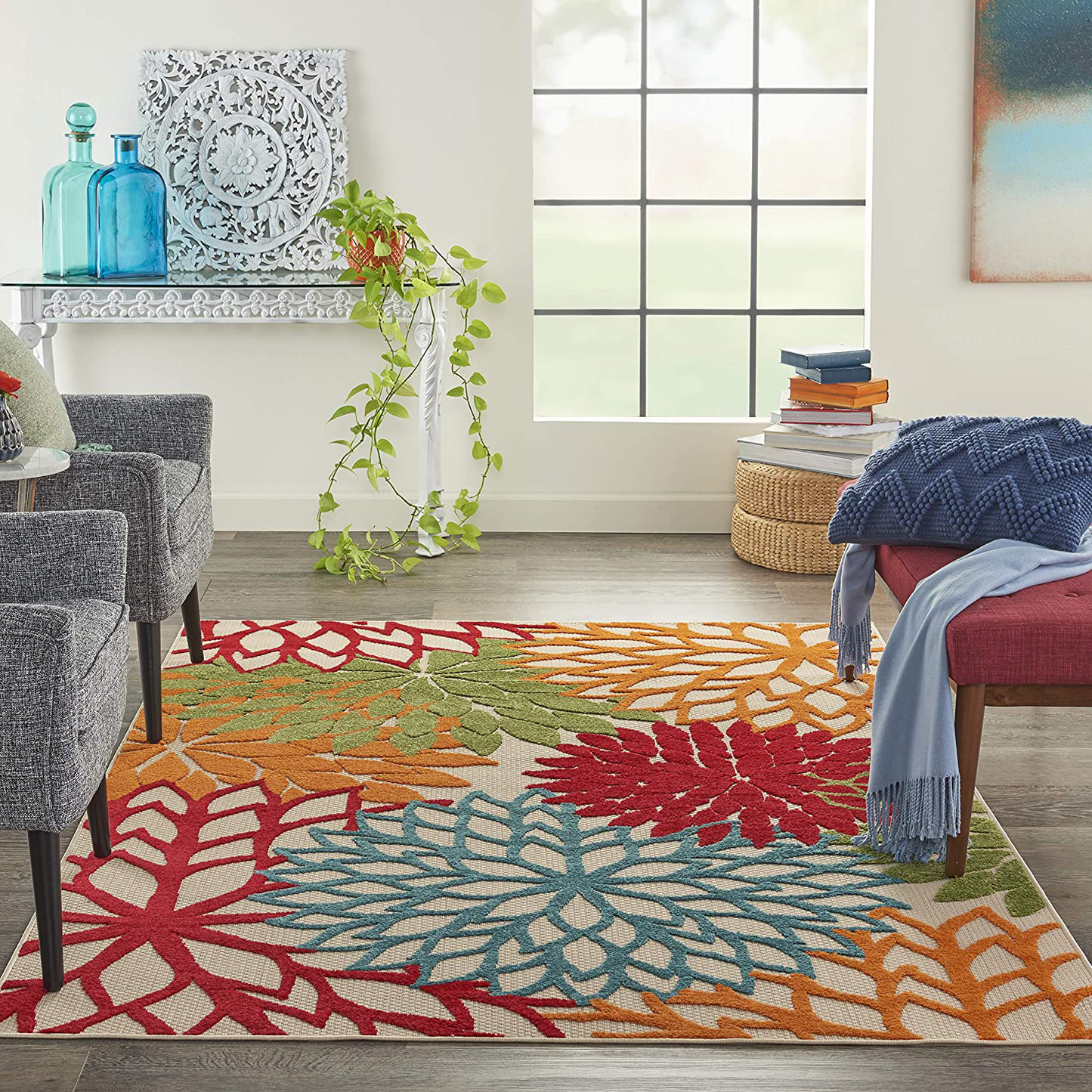Skørter | Nourison Aloha ALH05 Indoor/Outdoor Floral Green 3'6" x 5'6" Support Mat (4'x6')