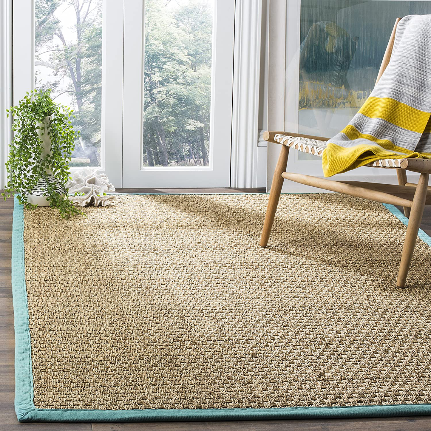 Skørter | Safavieh Natural Fiber Collection NF114R Border Basketweave Seagrass Area Rug, 3' x 5', Teal