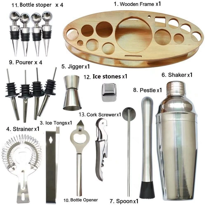 Skørter | 24 Pcs 750ml Cocktail Shaker Set with Stand, Stainless Steel