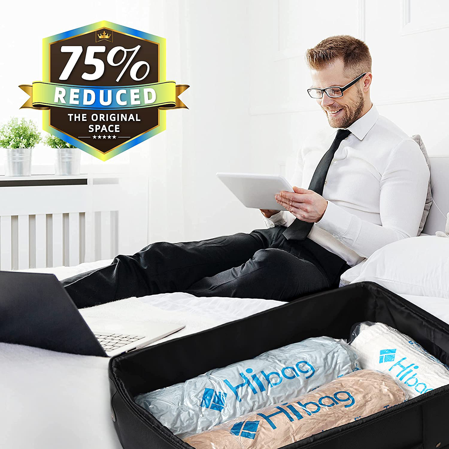 Skorter | 12 Travel Compression Bags, Hibag 12-Pack Roll-Up Space-Saving Storage Bags for Travel, Suitcase Size (12-Travel)