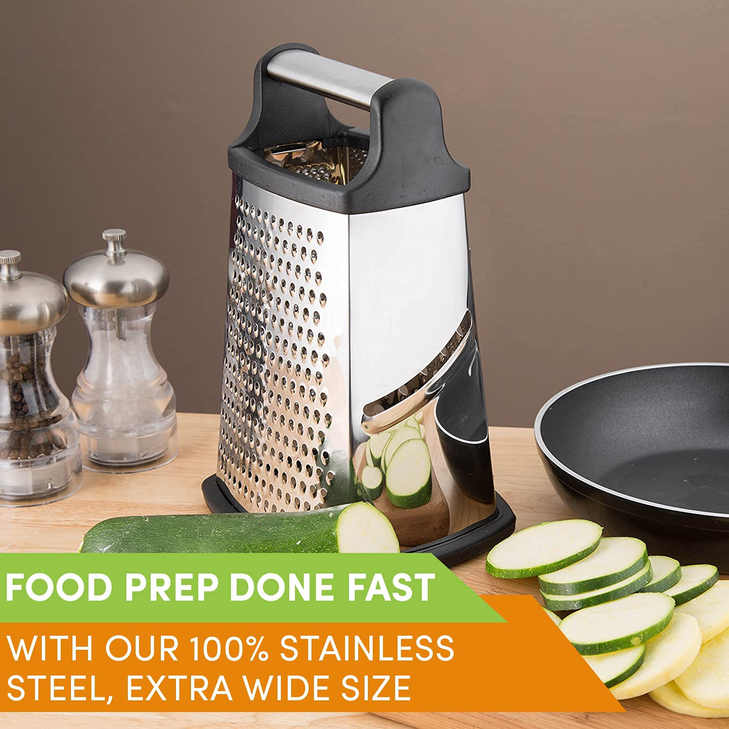 Skørter | Our Chef Professional Box Grater, Stainless Steel with 4 Sides, Best for Parmesan Cheese, Vegetables, Ginger, XL Size, Gray