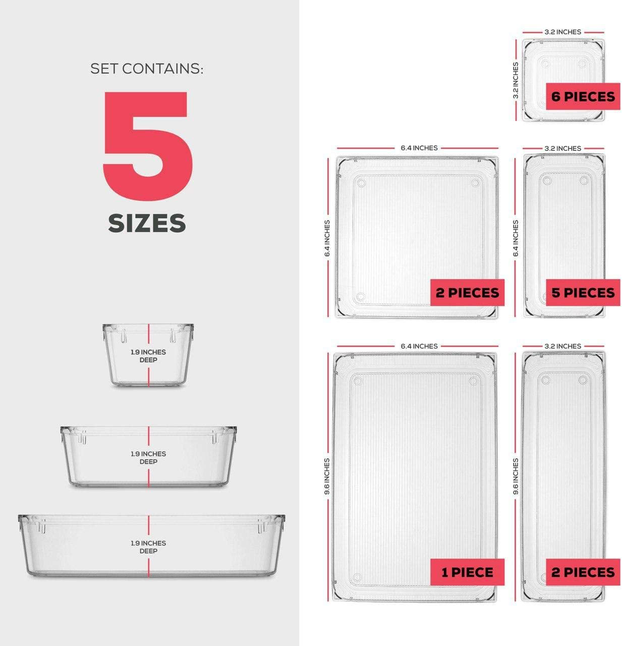 Skorter | 16 Pcs Drawer Organizer Set Dresser Desk Drawer Dividers - 5 Size Bathroom Mirror Cosmetic Makeup Tray - Multi-purpose Clear Plastic Storage Boxes for Jewelry, Kitchen Utensils and Office Supplies