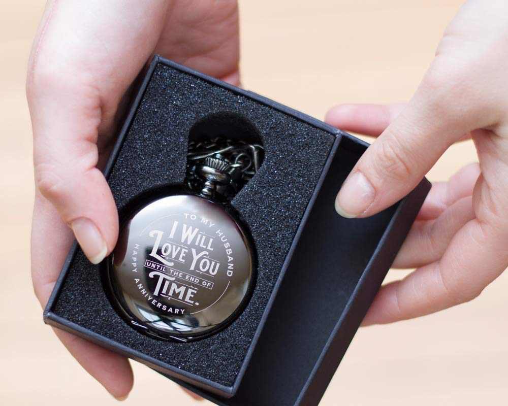 Skorter | Engraved Wedding Anniversary Pocket Watch with Chain for Husband, a Sleek Gift Set for Him with Elegant Gift Box, 1 Year Wedding Anniversary Clock
